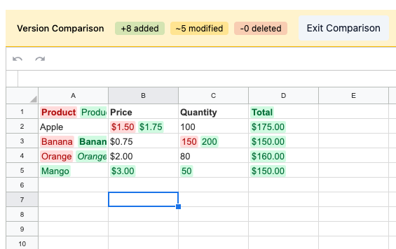 Spreadsheet version comparison UI
